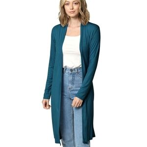 Teal Open Front Long Cardigan